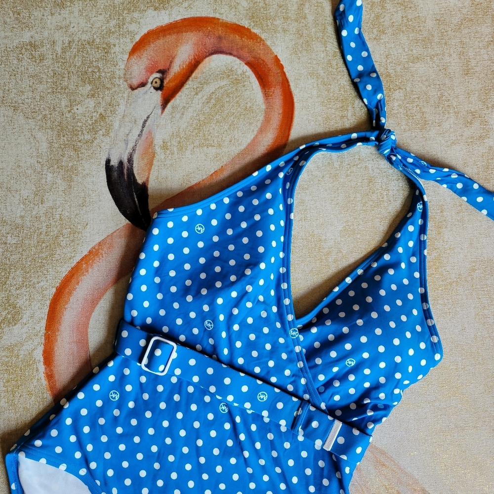 Michael Kors Polka Dot One Piece Swimwear Belt Halter Cyan Blue White 10 - Picture 13 of 13